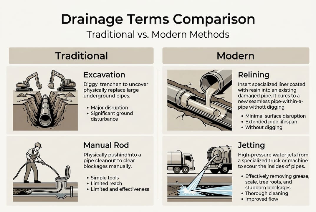 Infographic comparing traditional and modern drainage terms