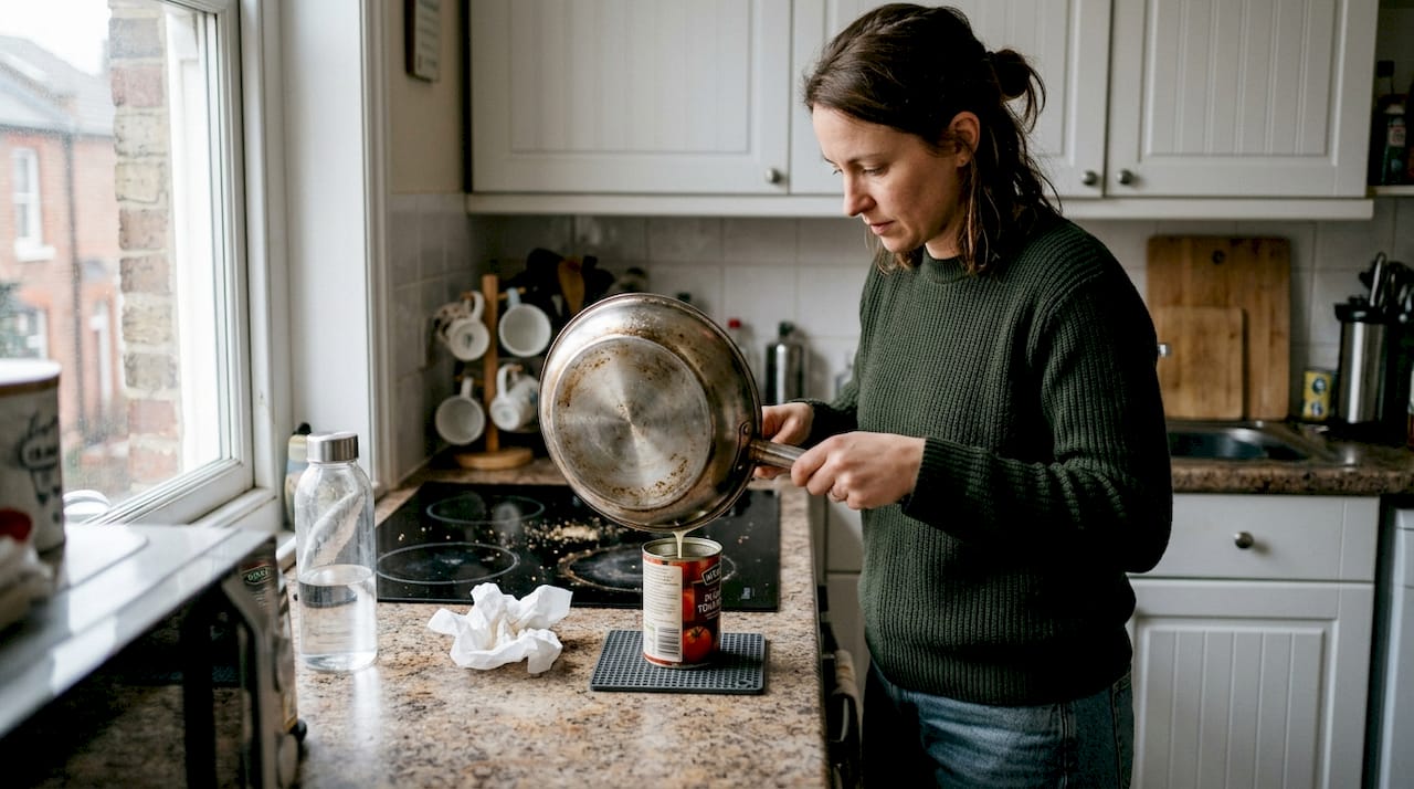 Pouring cooled cooking fat into tin at kitchen counter