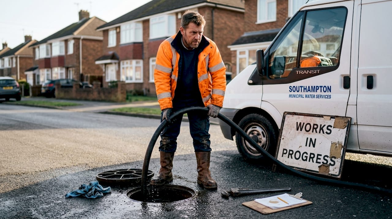 Worker hydro jetting drain suburban street