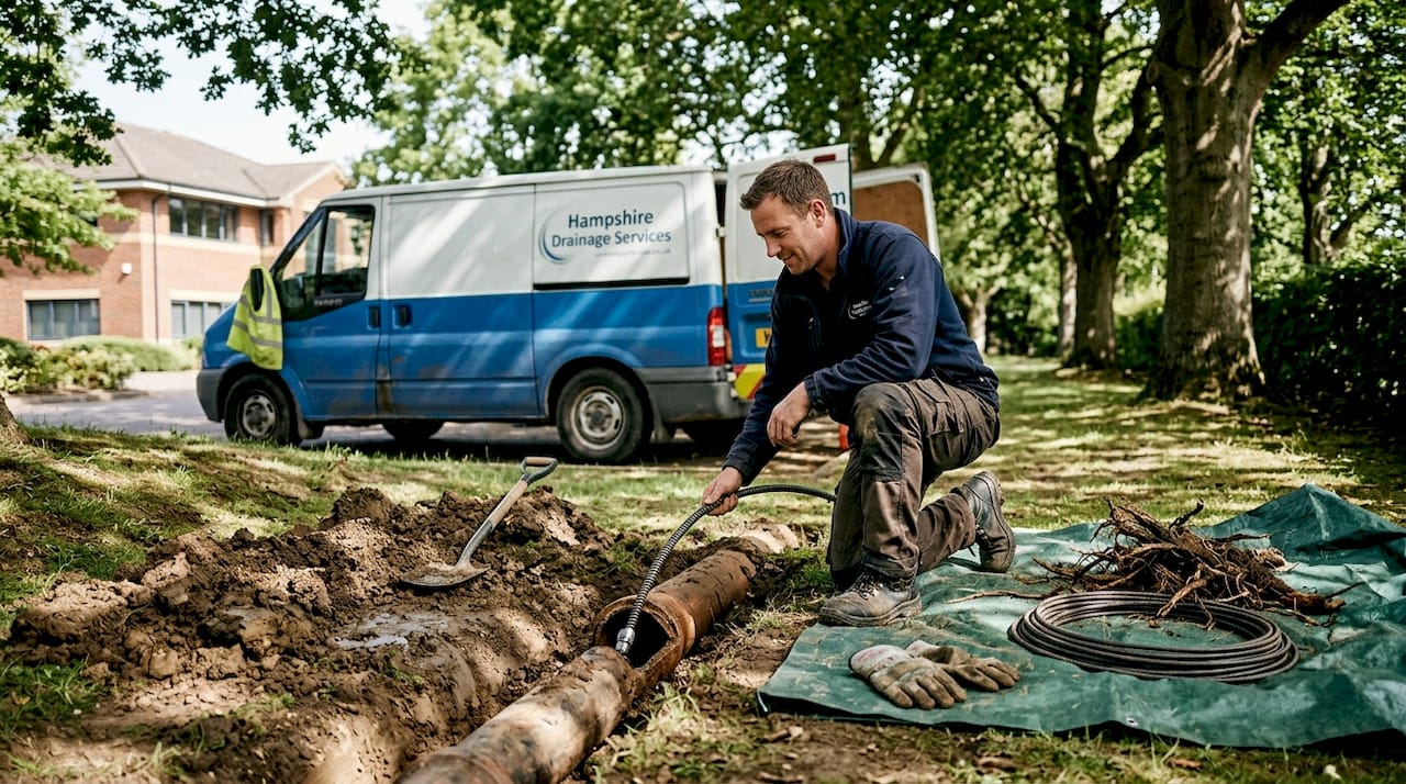 Technician removing roots from clay drainage pipe