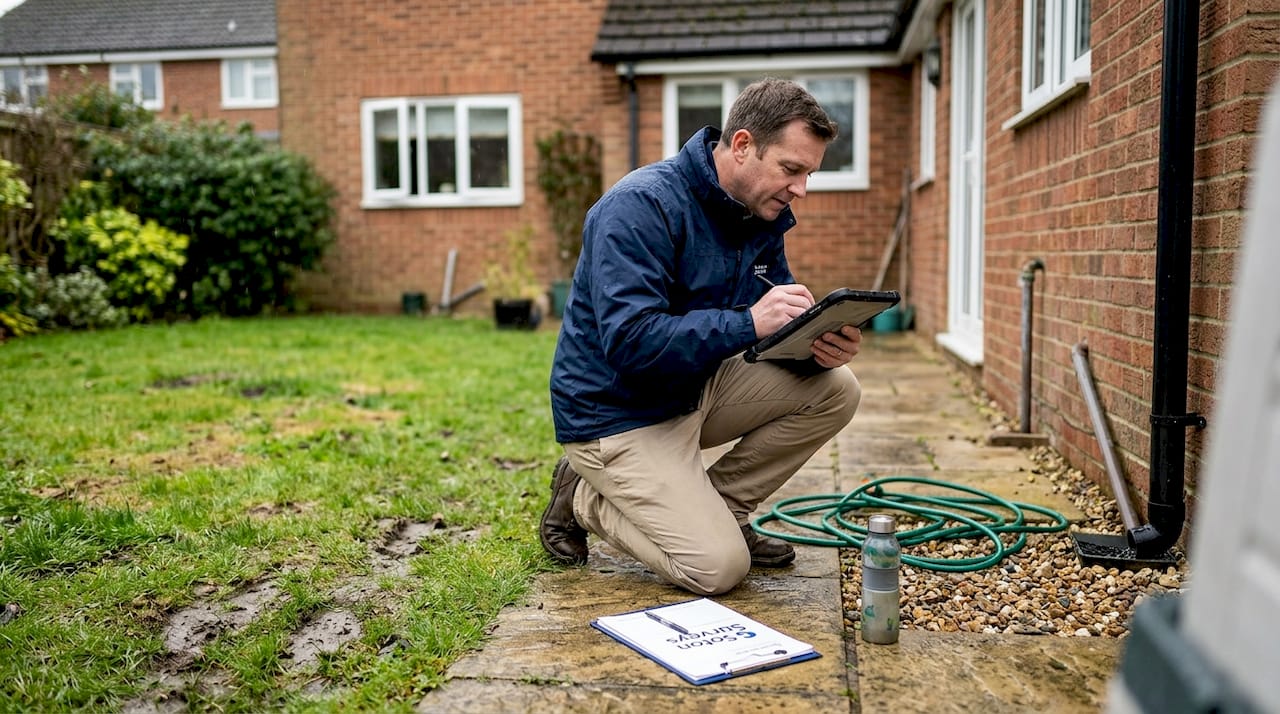 Surveyor inspecting house drainage in garden