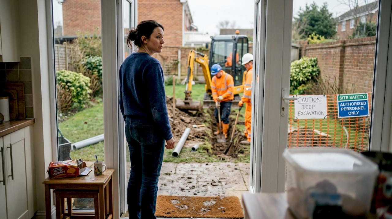 Homeowner observes drain excavation from back door