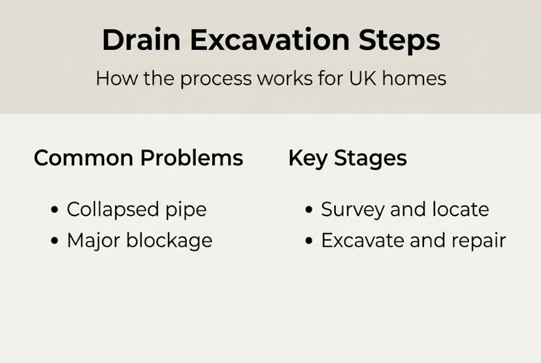 Infographic explaining drain excavation steps and problems