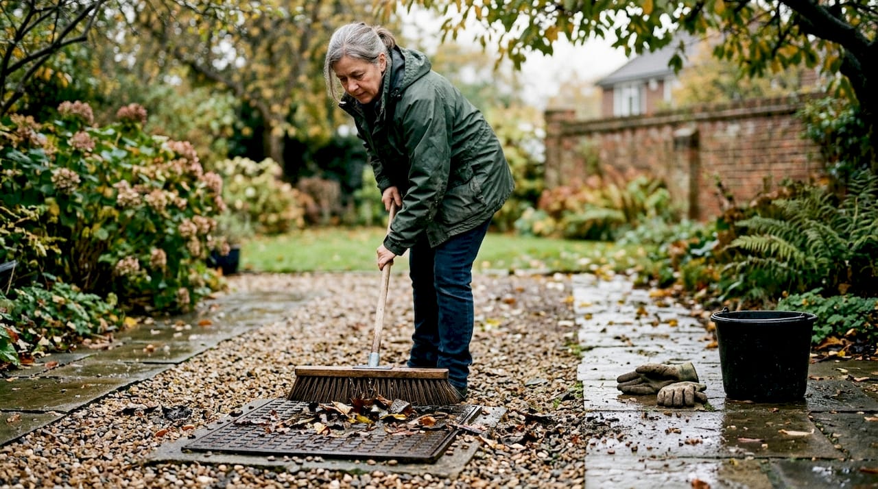 Woman cleaning leaves from garden drain cover