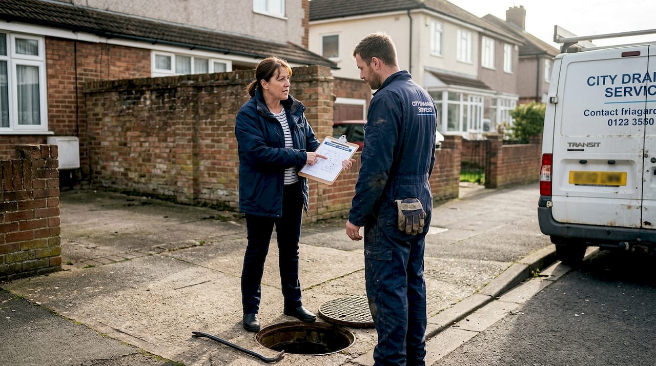 Property manager confers at shared drain site