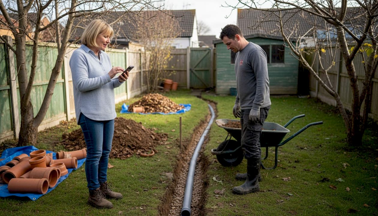 Garden drainage upgrade process with contractor and manager