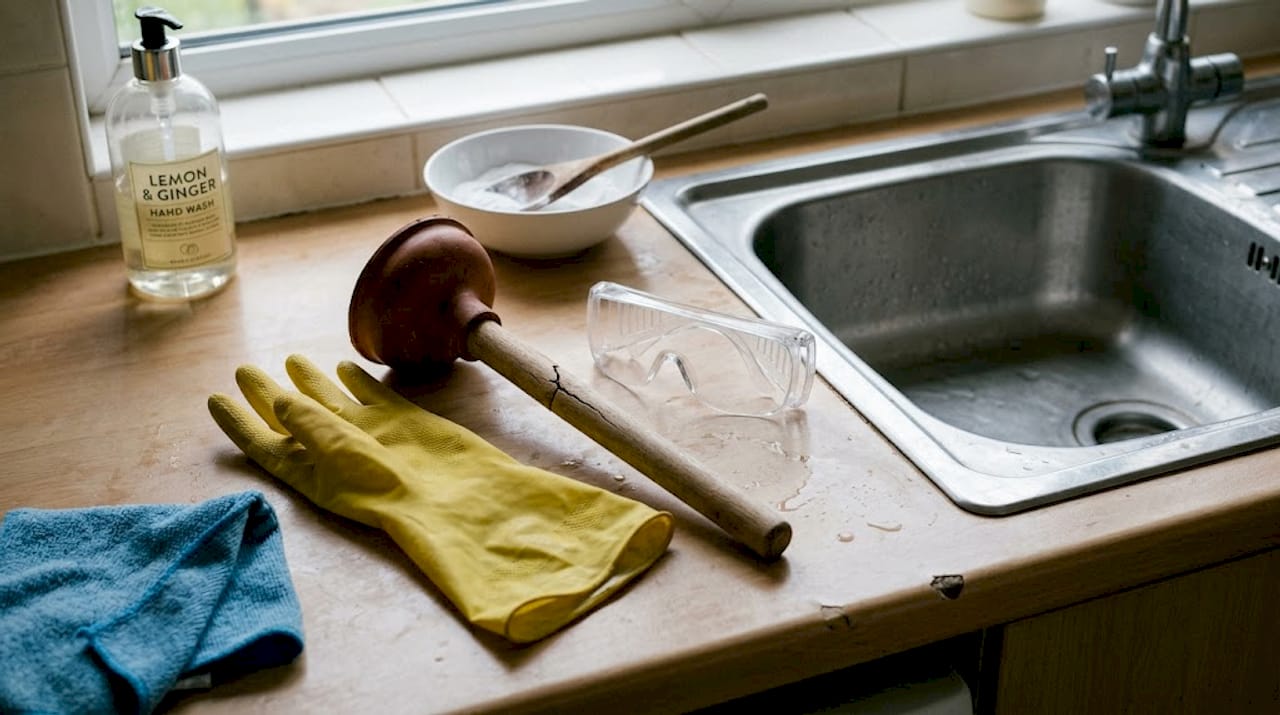 Essential drain cleaning tools on kitchen counter