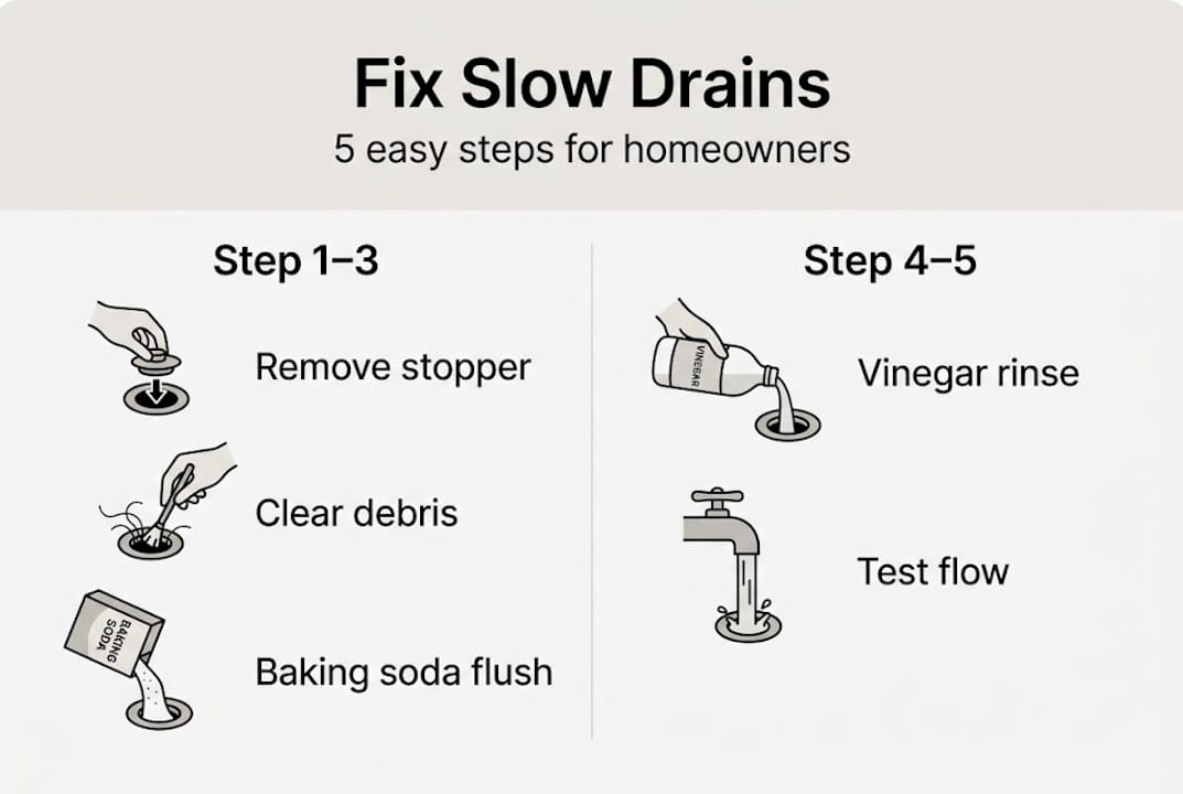 Infographic showing five homeowner drain clearing steps