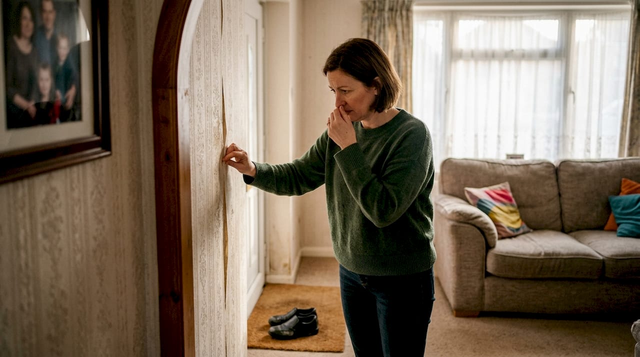 Woman inspecting damp patch in living room