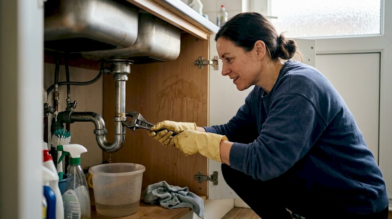 Woman repairs leaking kitchen drain pipe