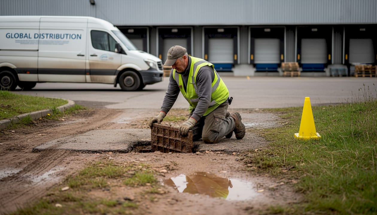 Worker investigating drainage in clay soil area