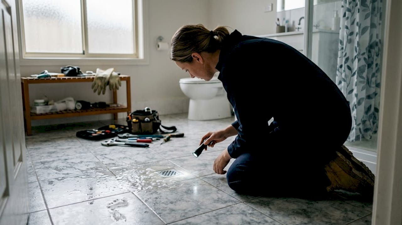 Plumber inspecting blocked bathroom drain