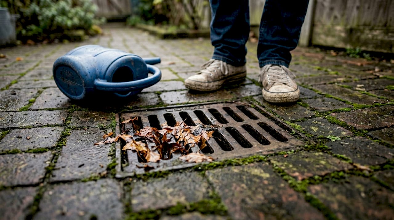 Damp patio area with outdoor drain cover