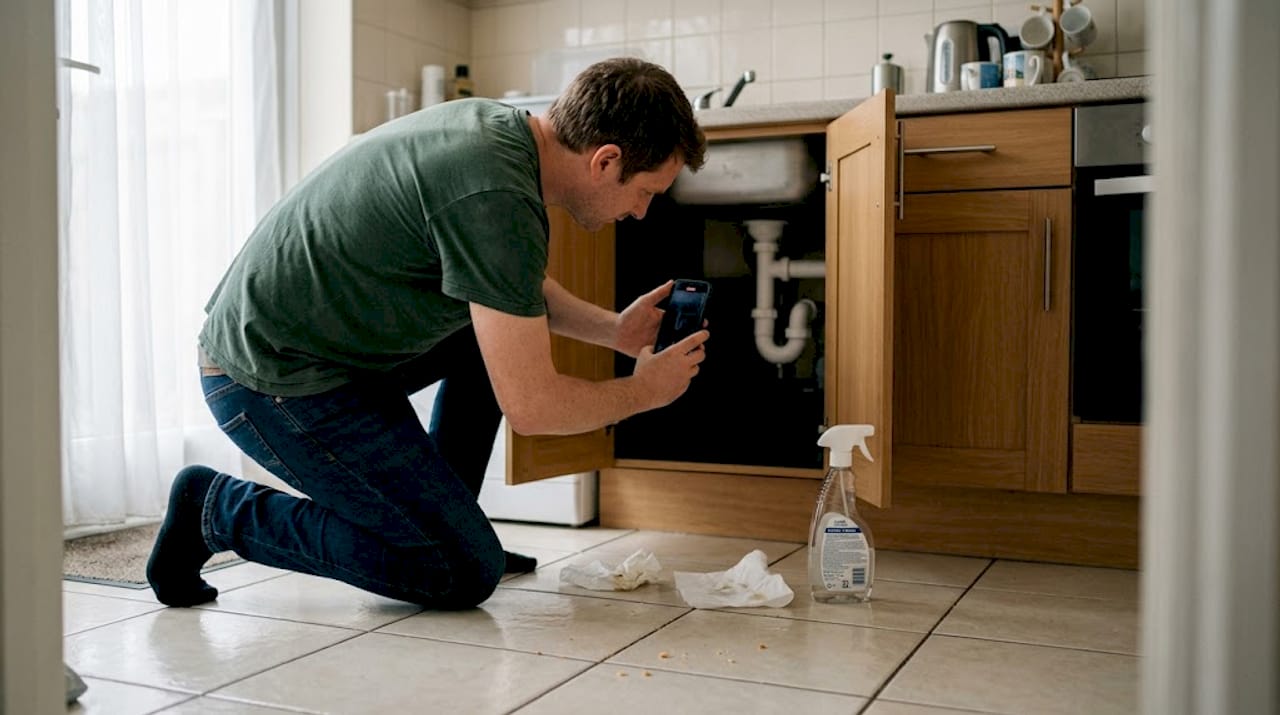 Homeowner recording under-sink drain video in kitchen