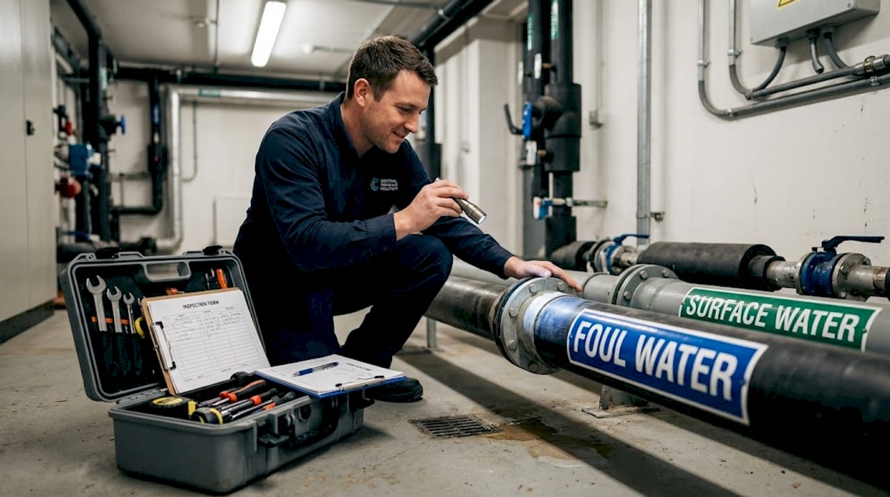 Engineer inspects separate drainage pipes