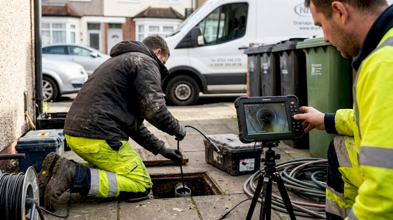 Team using CCTV for urban drain repair