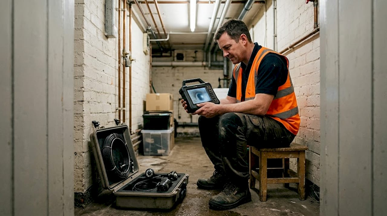 Drain specialist using pipe inspection camera