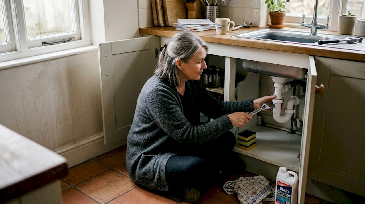 Homeowner cleaning kitchen sink trap