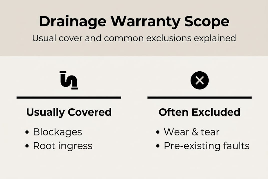 Infographic comparing drainage warranty cover and exclusions
