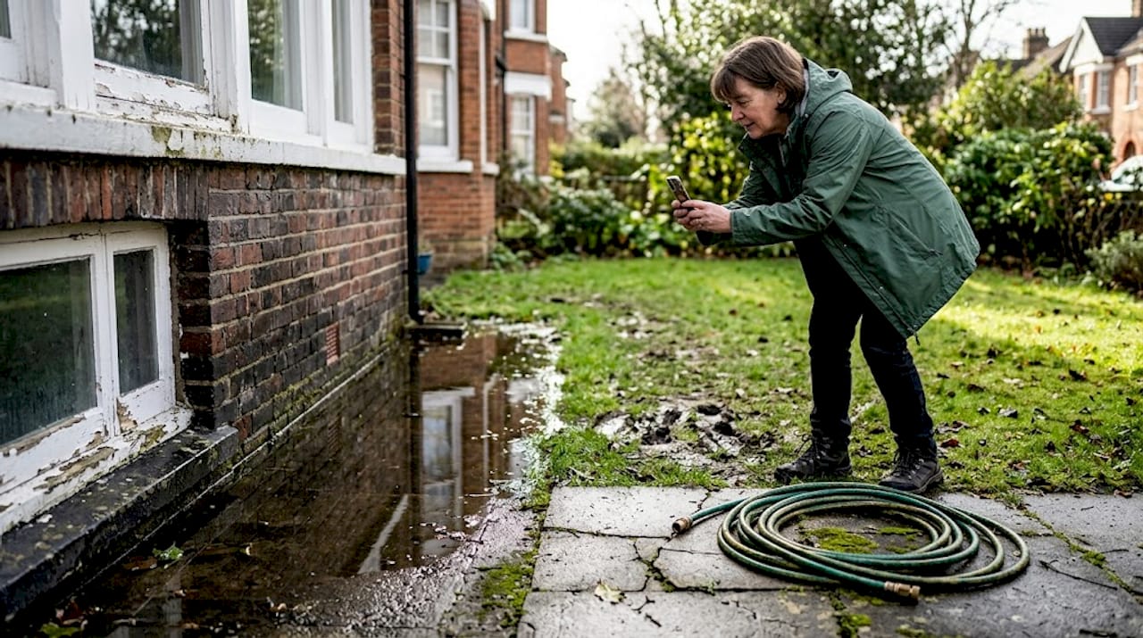 Homeowner photographs garden water drainage issue
