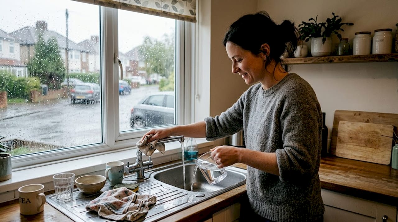 Woman cleaning kitchen sink drain at home