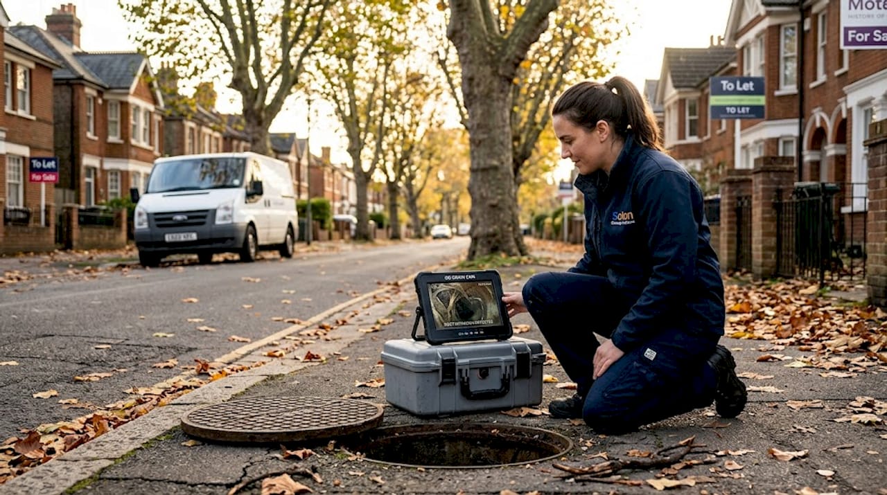 Technician surveys drain near tree-lined street