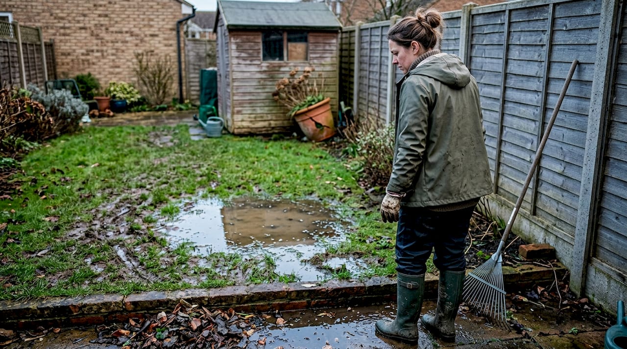 Woman inspects water pooling in garden lawn