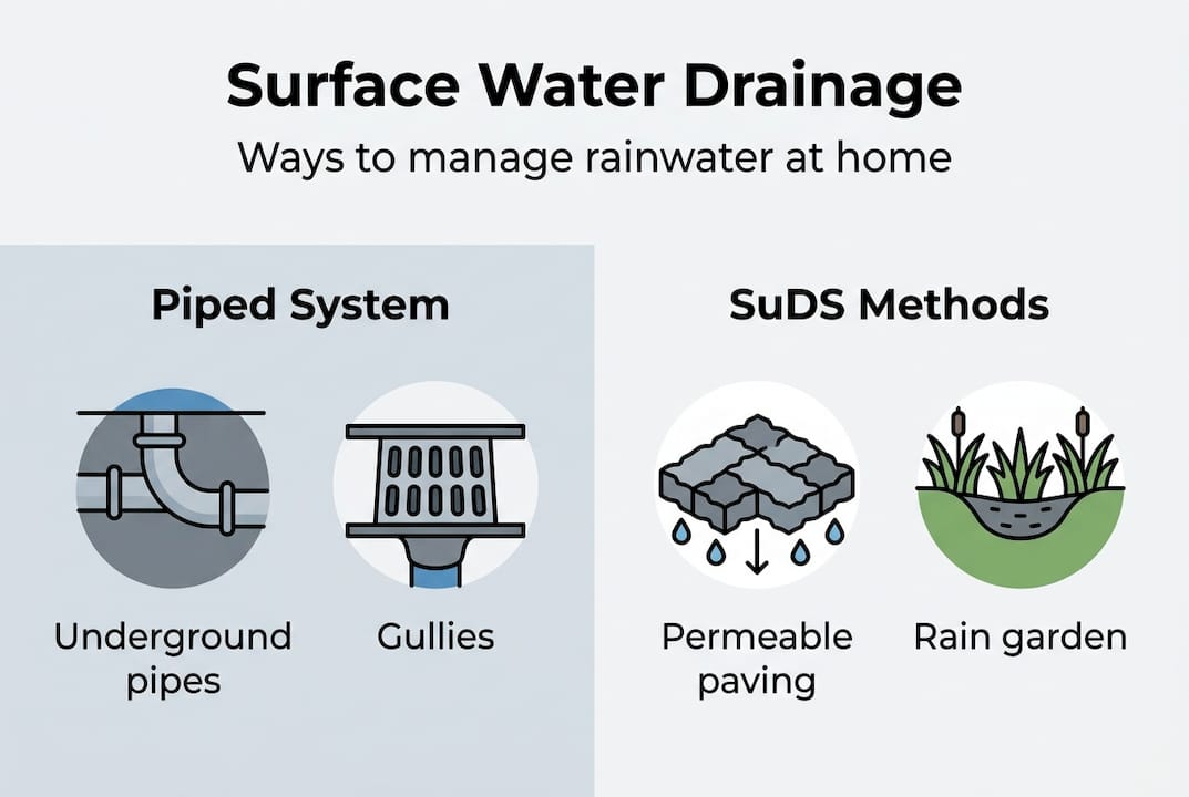 Infographic comparing piped and SuDS drainage