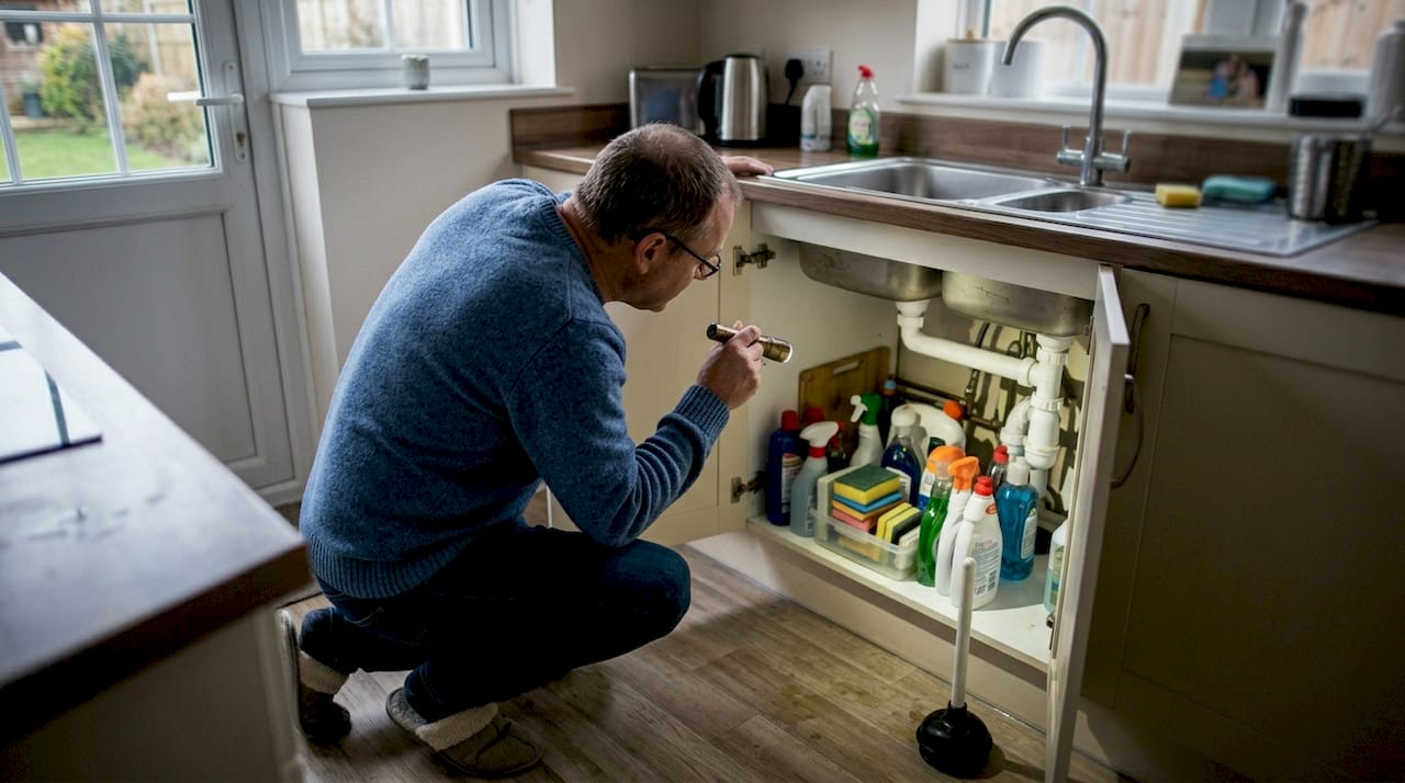 Homeowner checks under-sink pipes for drainage issues
