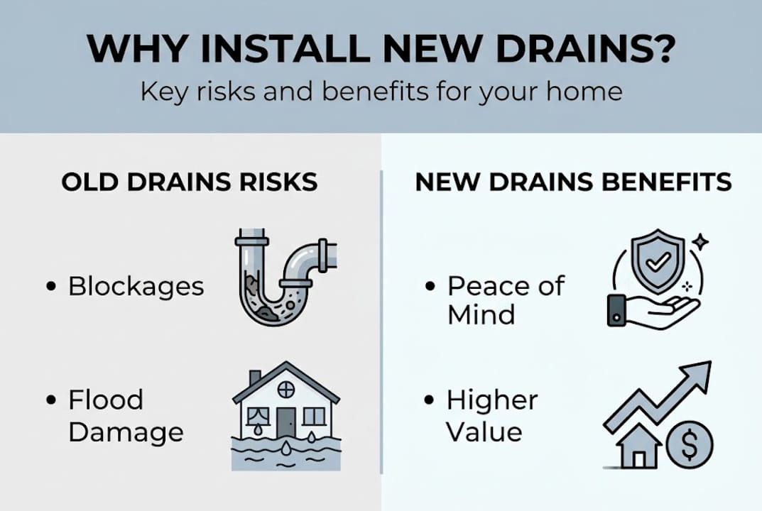 Infographic showing risks of old drains and new drain benefits
