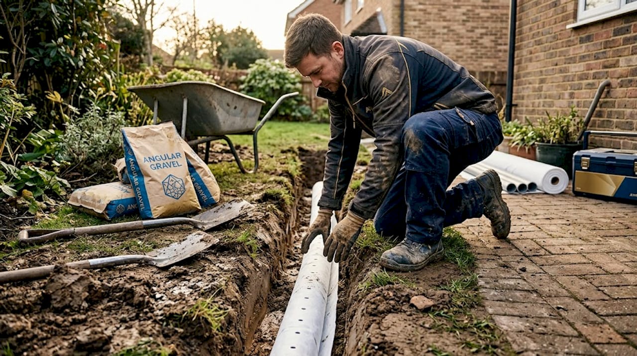 Worker installing pipe in garden trench