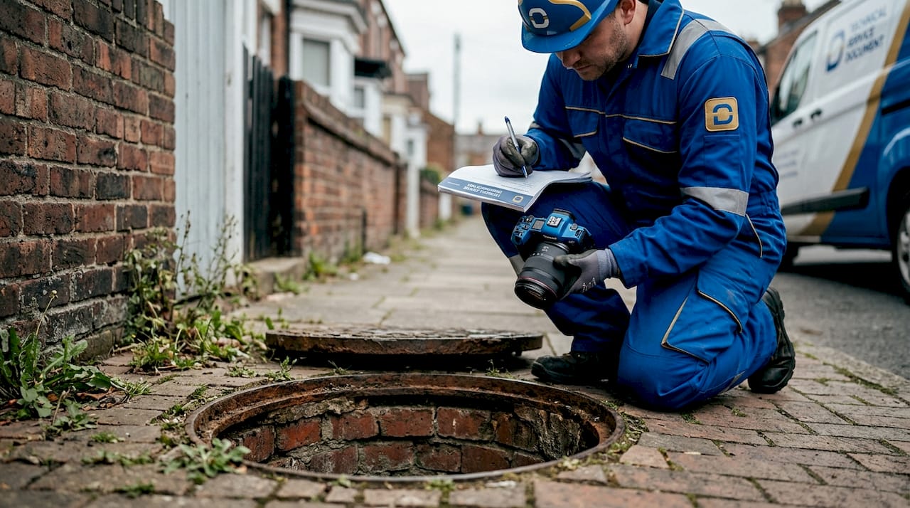 Technician inspecting old brick-built drain