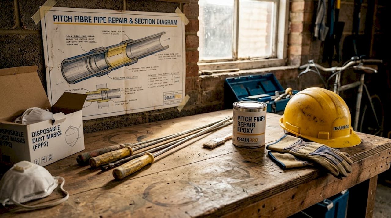 Workbench with drain repair tools and safety gear