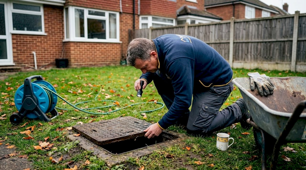 Man inspecting outdoor drain cover in garden
