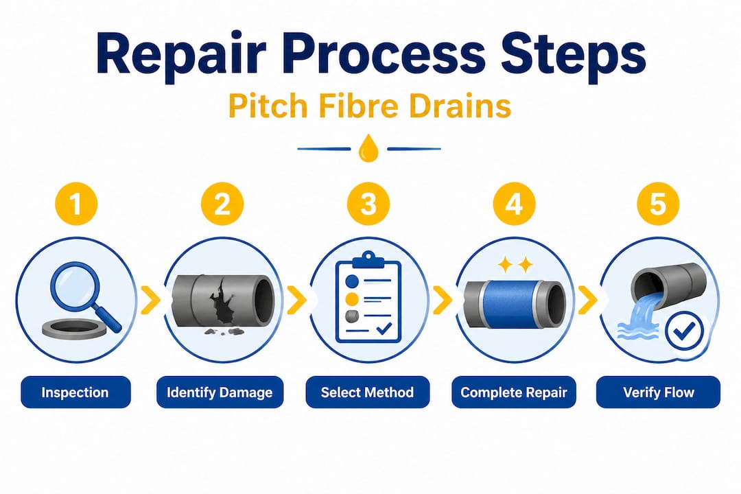 Infographic showing sequential pitch fibre repair steps
