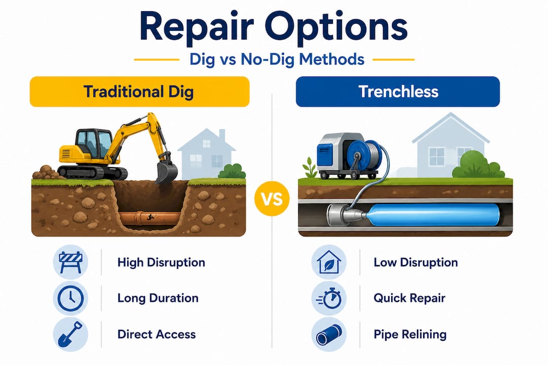 Infographic comparing dig vs no-dig repair methods