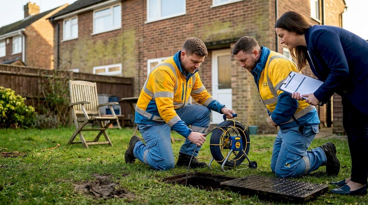 Drain contractor inspecting garden manhole