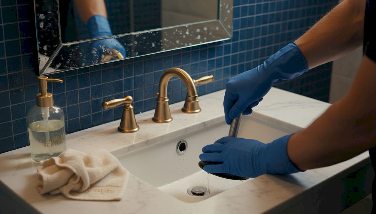 Person using plunger on bathroom sink