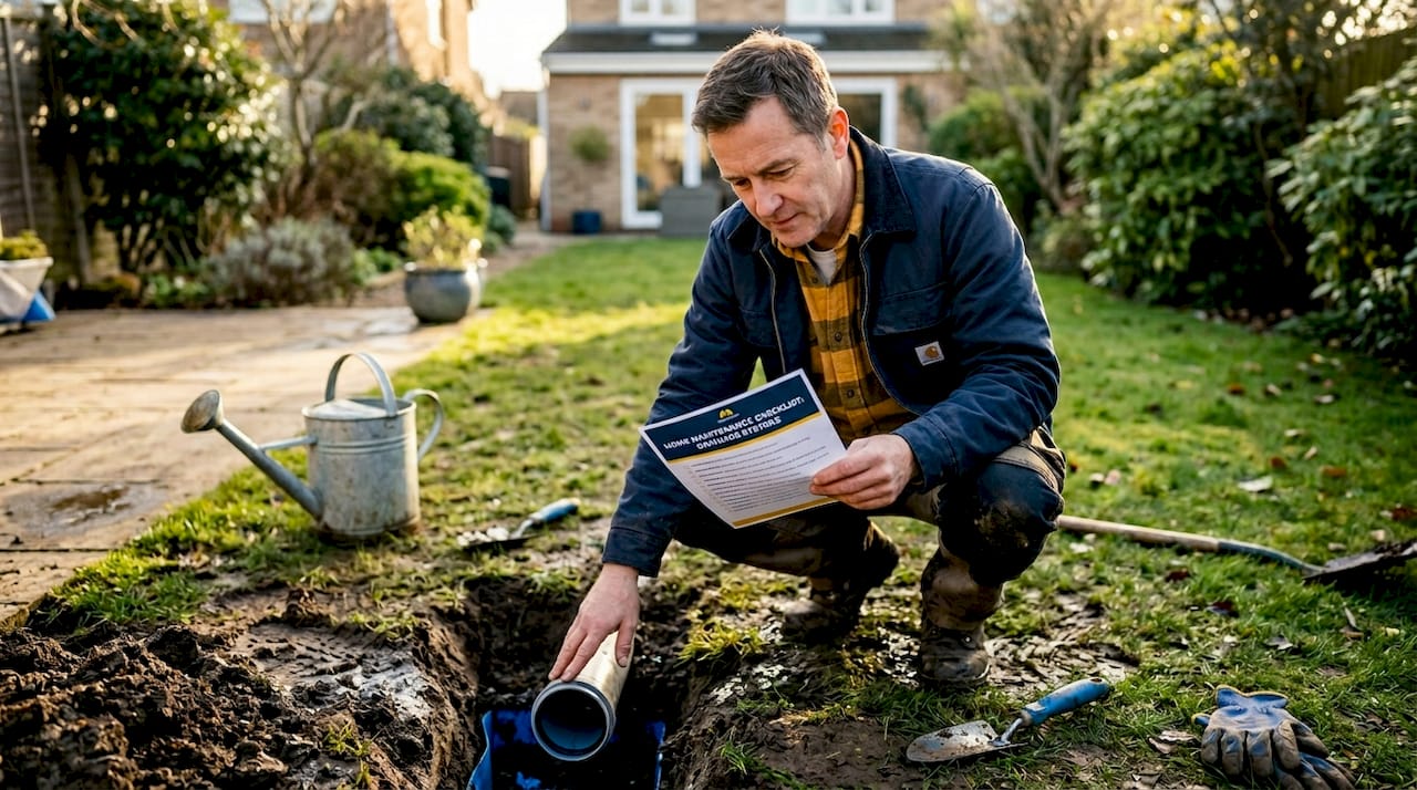 Homeowner reviews checklist near new drainage pipe