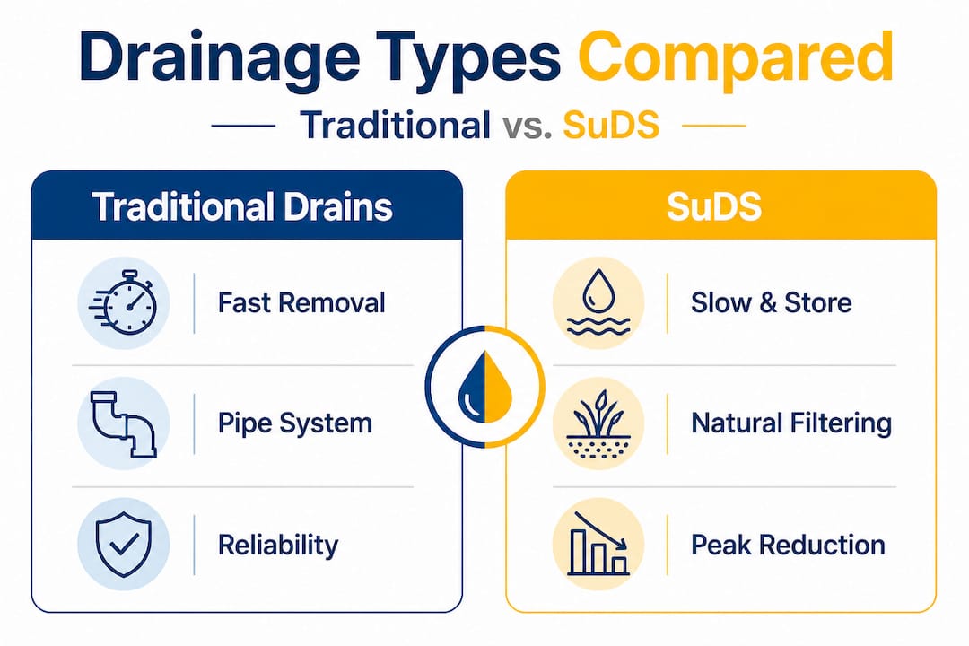 Infographic comparing traditional drains and SuDS features
