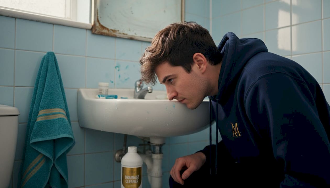Person detecting odour from bathroom drain