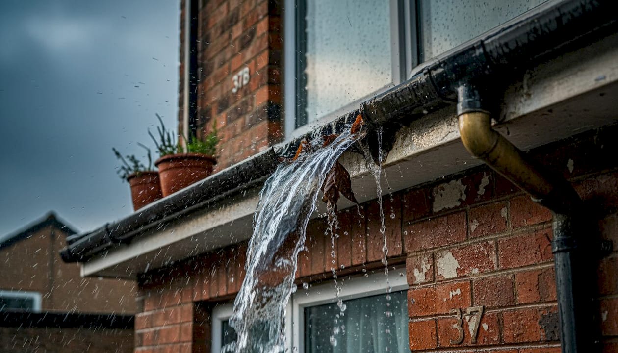 Overflowing gutter on rain-soaked house wall