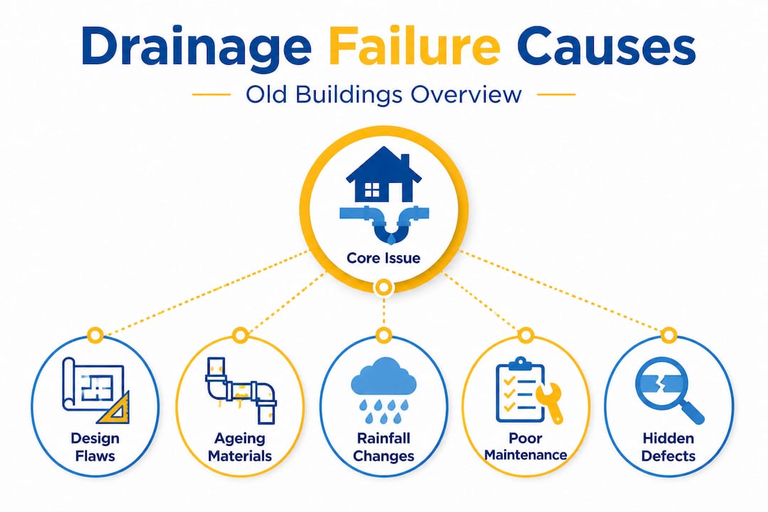Hierarchy infographic showing causes of drainage failure