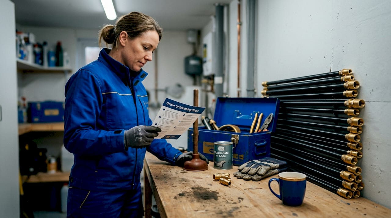 Person preparing drain unblocking tools