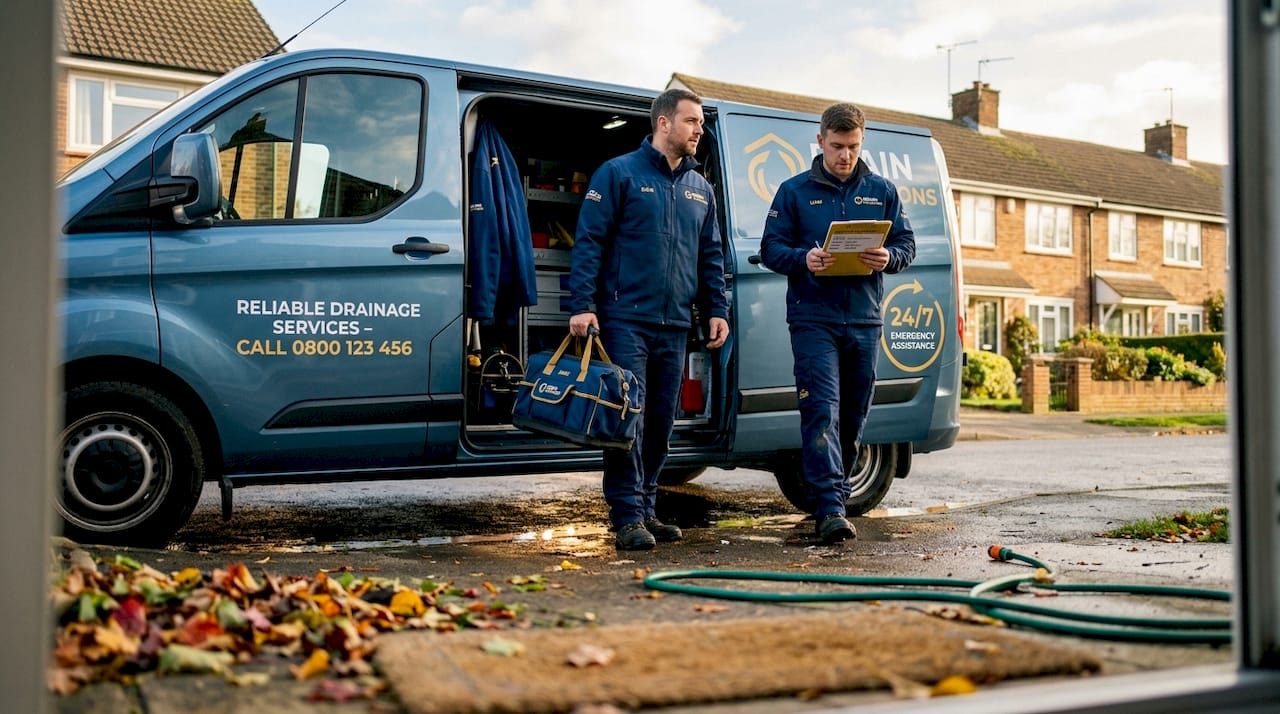 Plumbers arriving for emergency drain repair