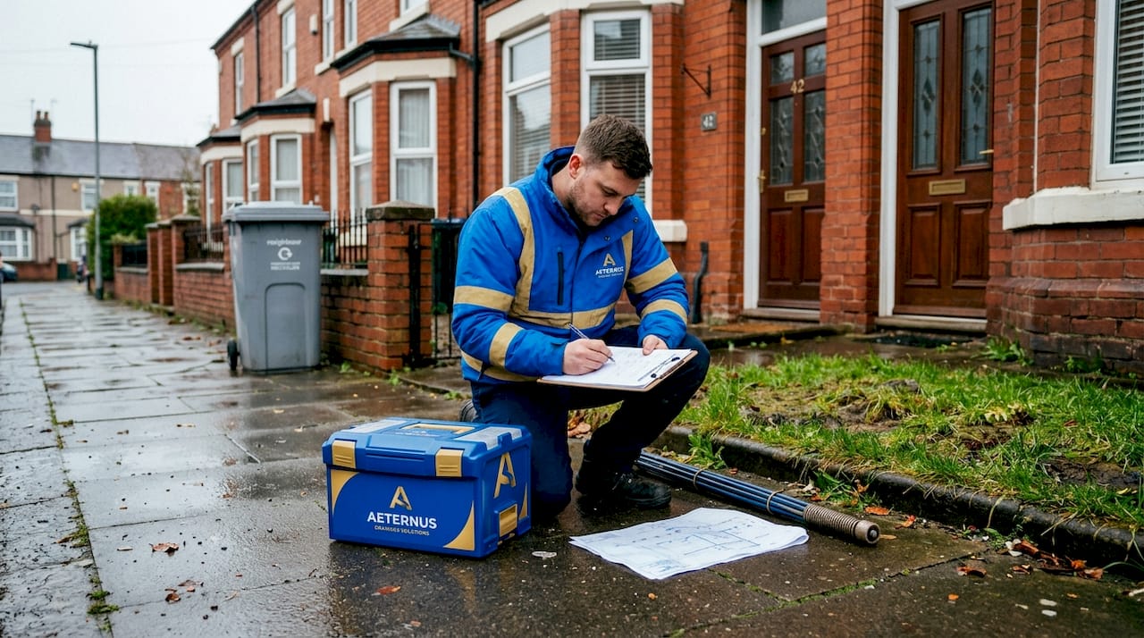 Drainage surveyor inspecting UK property drain