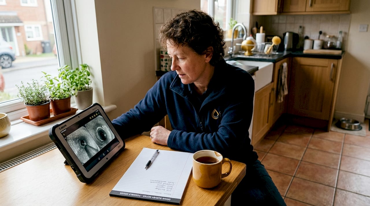 Engineer reviews CCTV drain images at kitchen table
