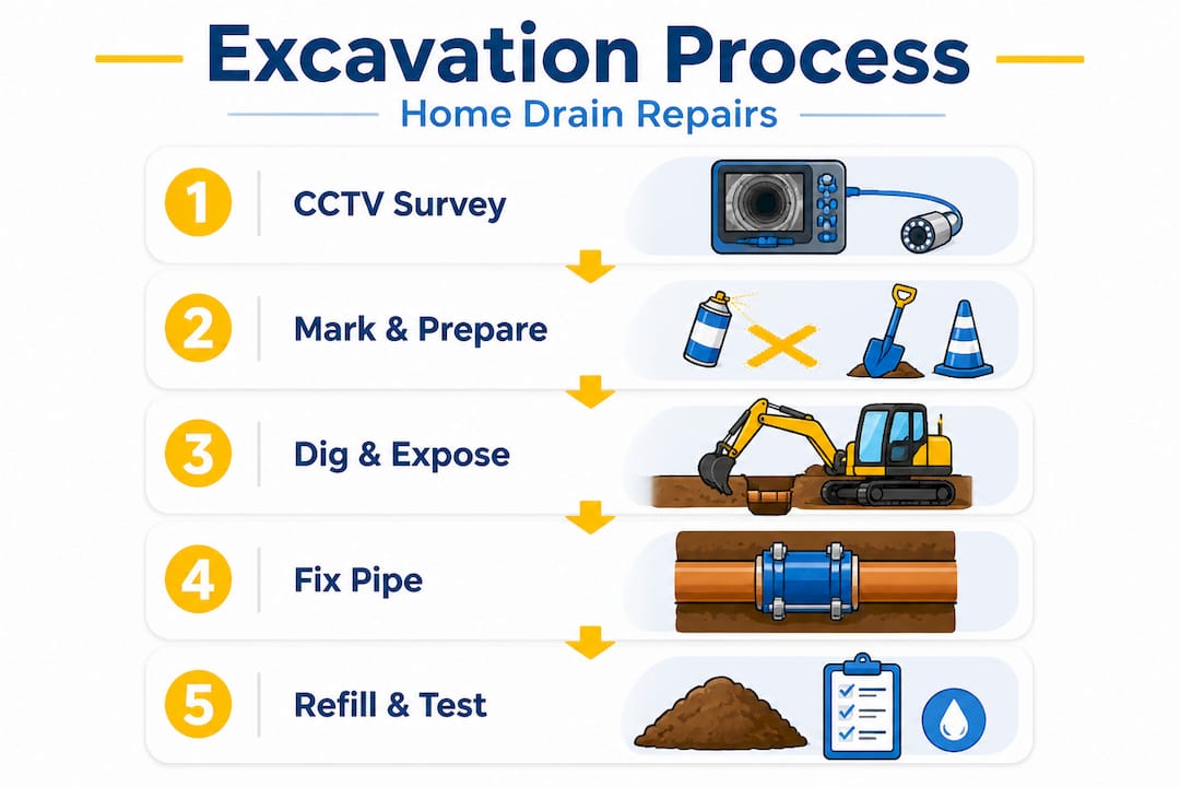 Infographic showing drain excavation process steps