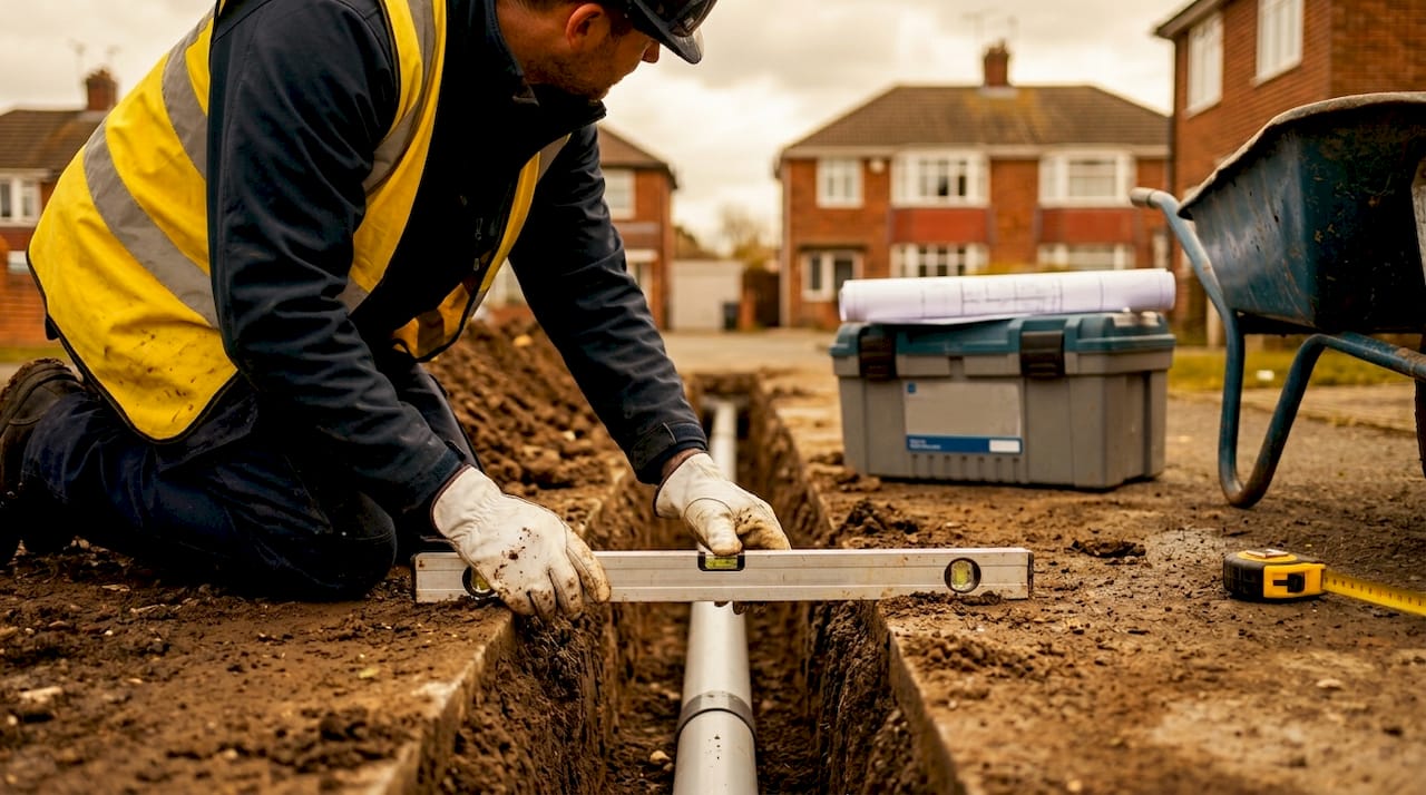Worker checks drainage pipe gradient in trench