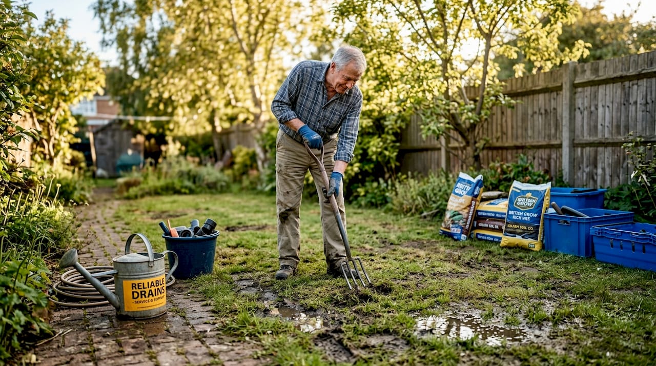 Aerating soil in waterlogged garden lawn
